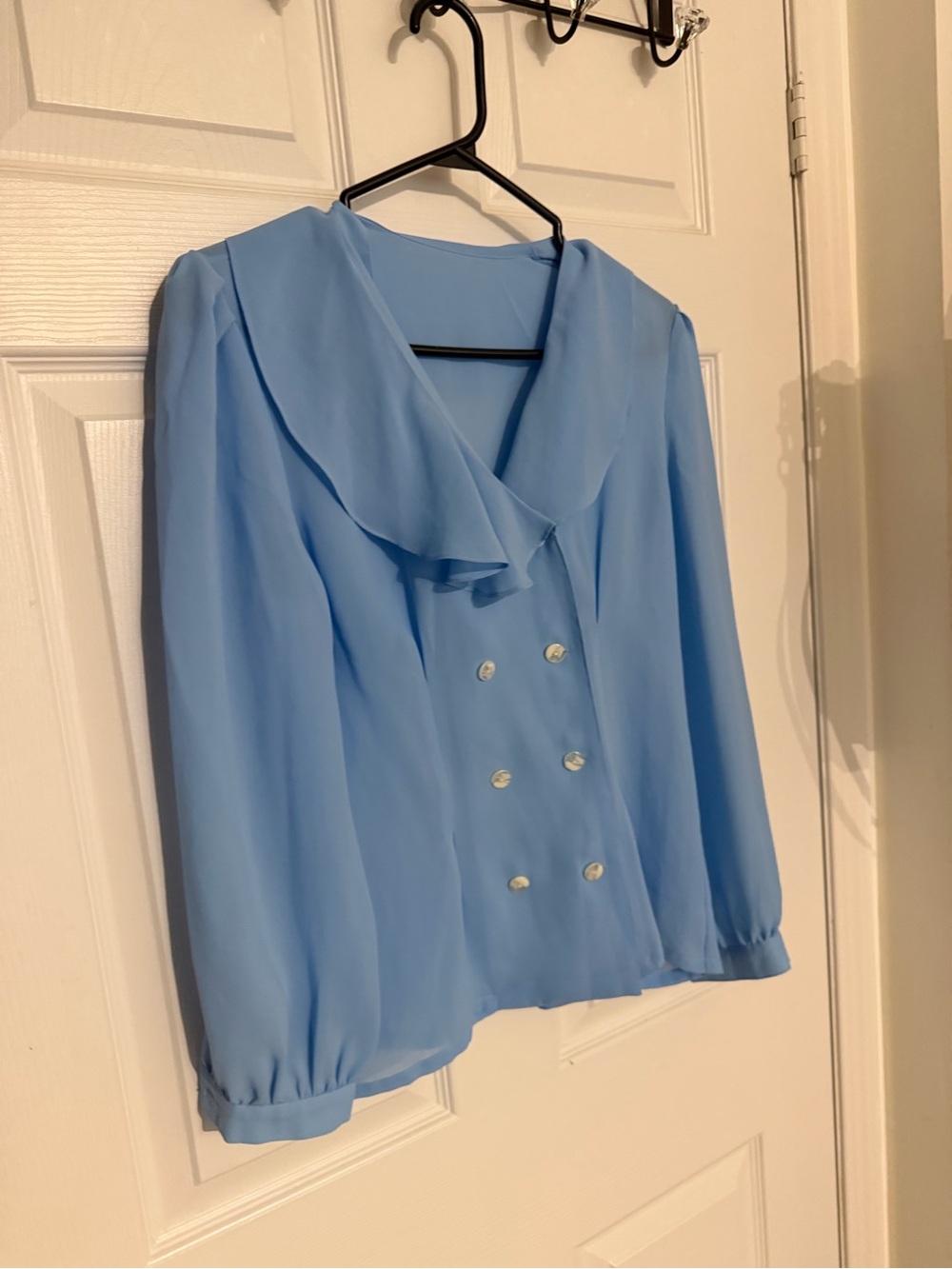 Light Blue Double-Breasted Ruffle Collar Women's Top - Picture 3 of 3